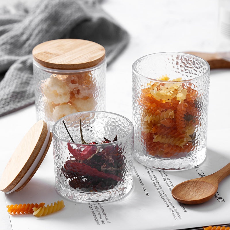Premium Hammered Glass Storage Jar with Wooden Lid