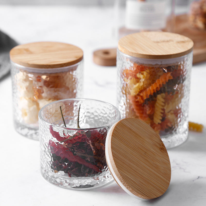 Premium Hammered Glass Storage Jar with Wooden Lid