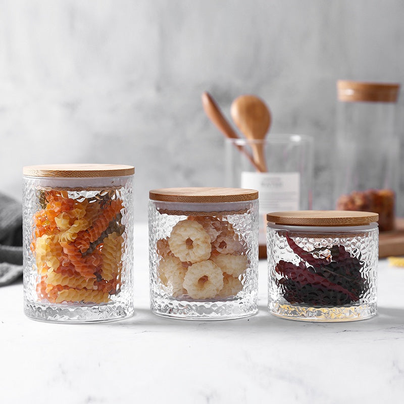 Premium Hammered Glass Storage Jar with Wooden Lid