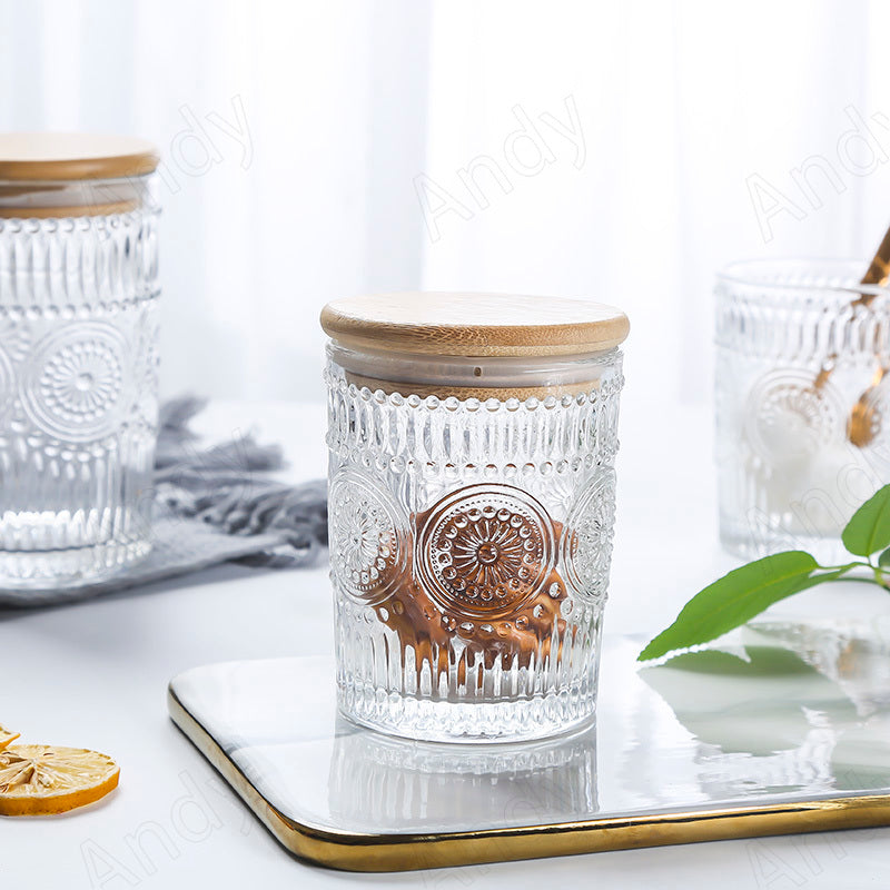 Vintage Embossed Glass Jar with Bamboo Lid