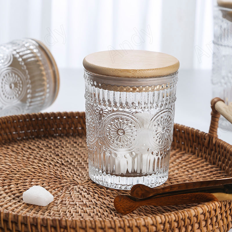 Vintage Embossed Glass Jar with Bamboo Lid