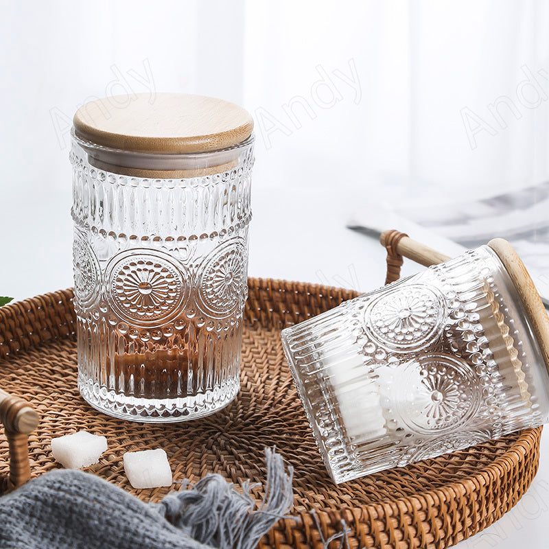 Vintage Embossed Glass Jar with Bamboo Lid