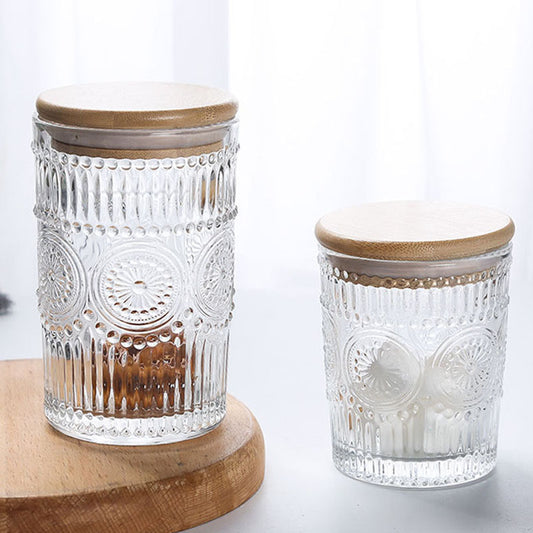 Vintage Embossed Glass Jar with Bamboo Lid