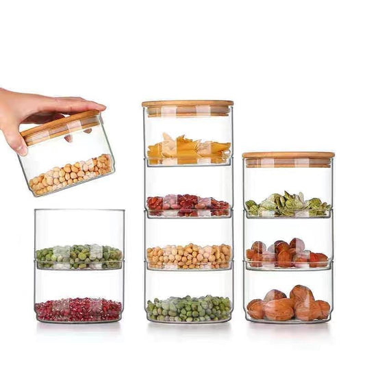 Stackable Multi-Layer Glass Storage Bowls with Bamboo Lid